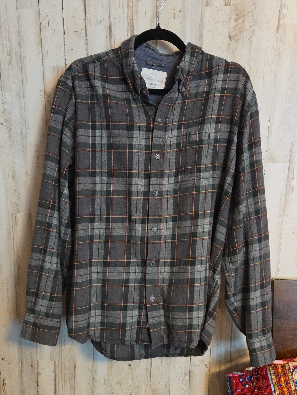 Weatherproof Men's Gray Plaid Button-Down Shirt with Orange Stripe Accents